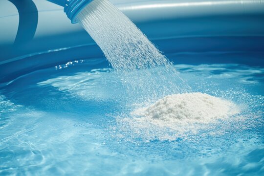 Adding chlorine powder to eliminate algae and disinfect an inflatable pool