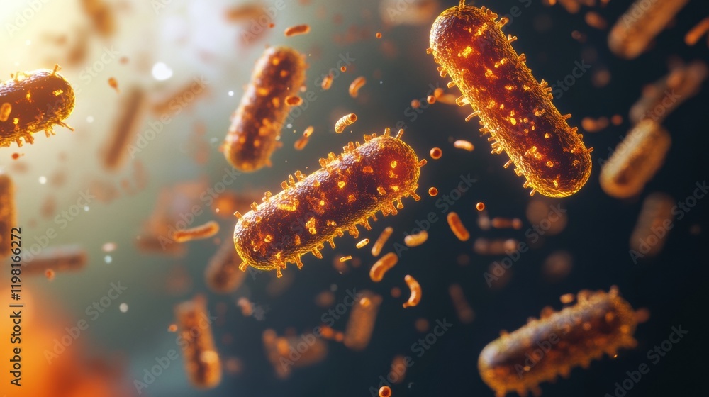 Leinwandbilder Detailed 3D render showcasing vibrant microbes in dynamic motion within a microscopic environment. Generative AI