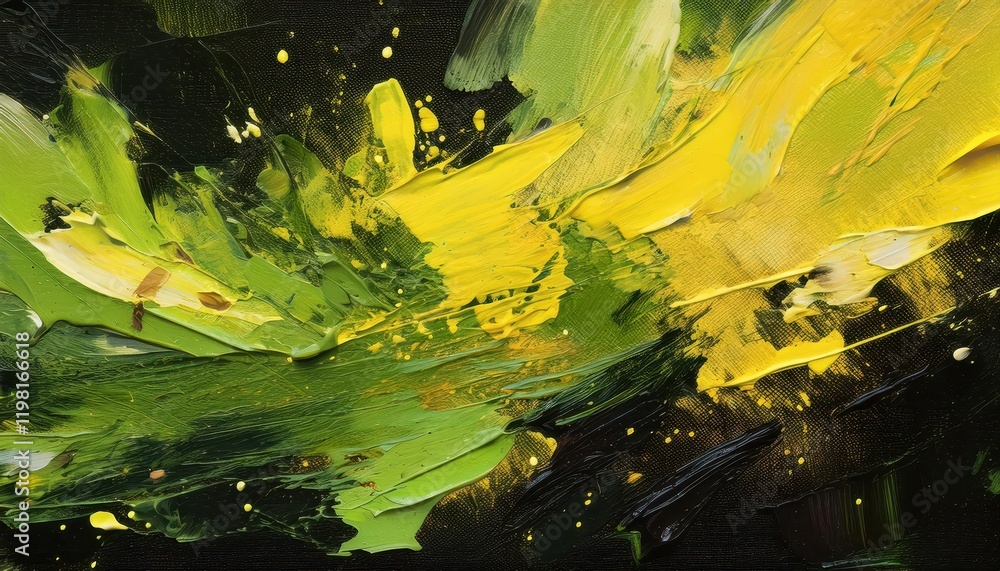 Poster abstract expressionistic masterpiece vibrant green and yellow splashes on dark canvas, depicting a s