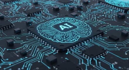 Depiction of a futuristic circuit board showcasing an integrated AI-focused processor among electronic components, symbolizing advancements in artificial intelligence, and machine learning.