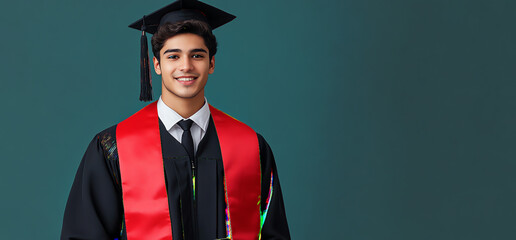 Smiling graduate in cap and gown wearing red sash with diploma against teal background