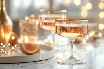Bubbly rose drinks with citrus garnishes served at a festive gathering during a cheerful celebration
