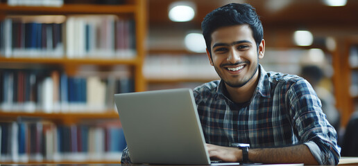 Young man smiling while using a laptop in a library setting, focusing on education and technology