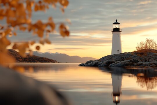 Stunning sunset at a lighthouse surrounded by calm waters and autumn foliage in a coastal landscape