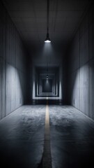 A dimly lit corridor featuring concrete walls and a straight yellow line, evoking a sense of mystery and isolation.