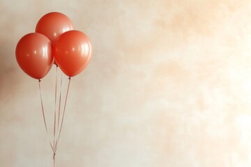 Three orange balloons float gently against a soft pastel backdrop in a serene setting