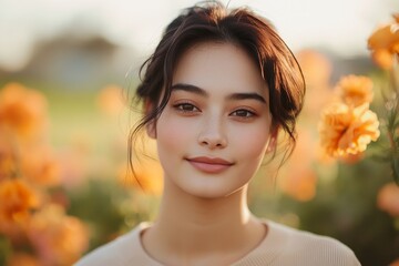 Naklejka premium Young woman smiles softly among vibrant orange flowers in a sunny field during golden hour