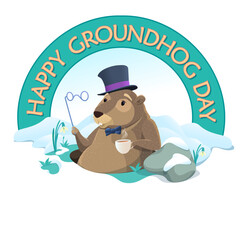 Cute joyful animal groundhog looks out of hole. Holiday card Happy Groundhog Day. February 2