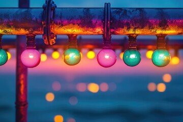 Colorful light bulbs hang from a rusty pipe against a vibrant sunset and blurred ocean backdrop.