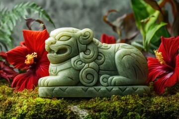 Jade foo dog statue, intricately carved, rests amidst vibrant red hibiscus and lush green moss.