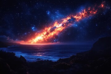 a rocket dramatically launches into the night sky, leaving a fiery trail as it ascends towards a sea of stars, encapsulating the awe of space exploration and adventure