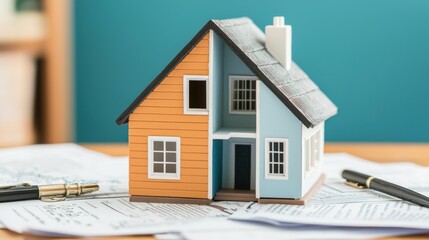 Divorce and law process, A small model house sits on paperwork, symbolizing real estate, home ownership, or architectural design in a well-lit environment.