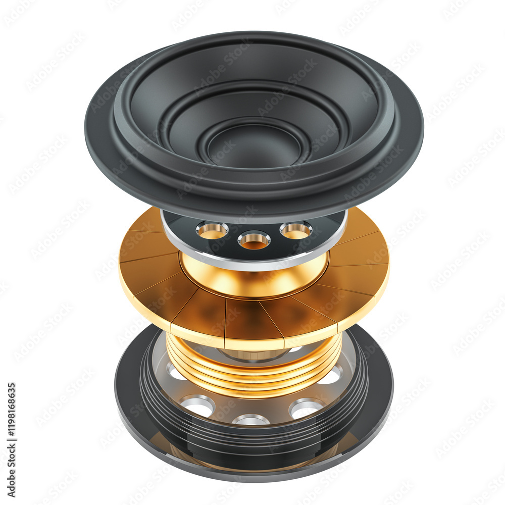 Poster components of earphone dynamic speaker drivers, 3d rendering isolated on transparent background