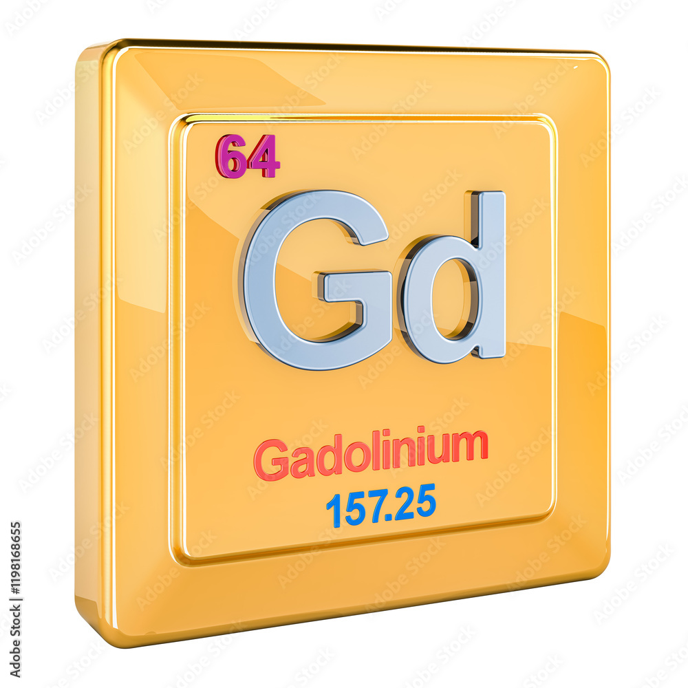 Poster gadolinium gd, chemical element sign with number 64 in periodic table. 3d rendering isolated on tran
