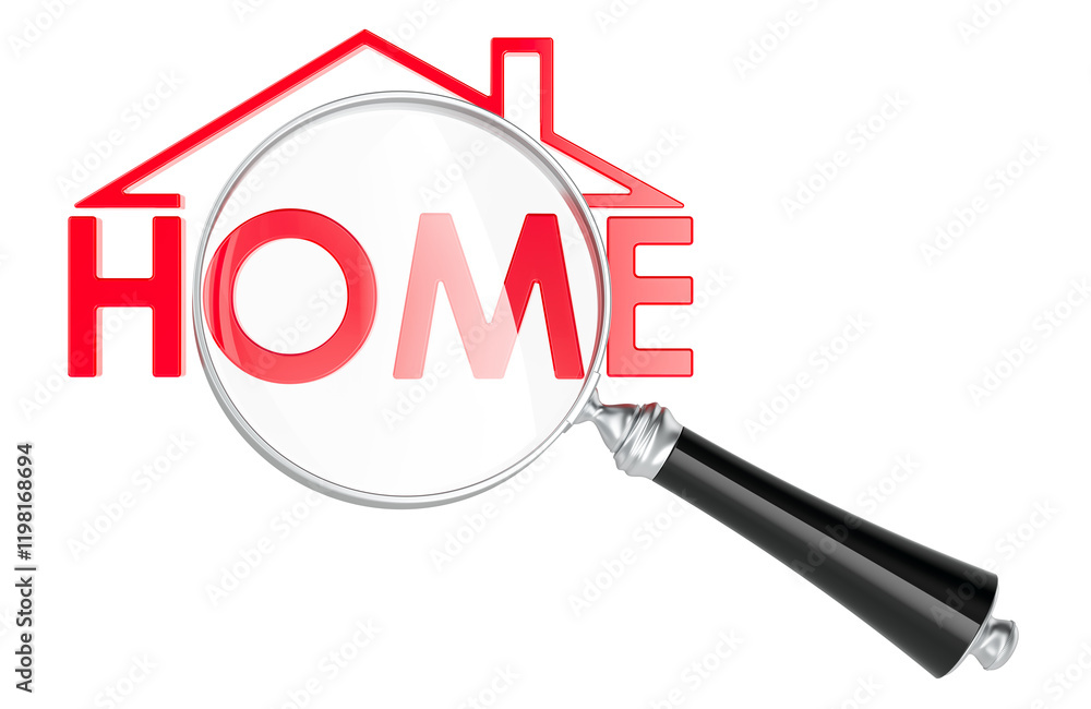 Poster house word with loupe. finding a home to rent or buy, concept. 3d rendering isolated on transparent 