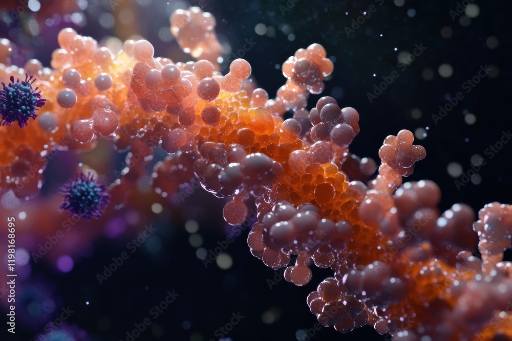 Poster close up view of molecular rna chain surrounded by various virus particles in a dark environment. ge