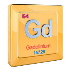 Gadolinium Gd, chemical element sign with number 64 in periodic table. 3D rendering isolated on transparent background