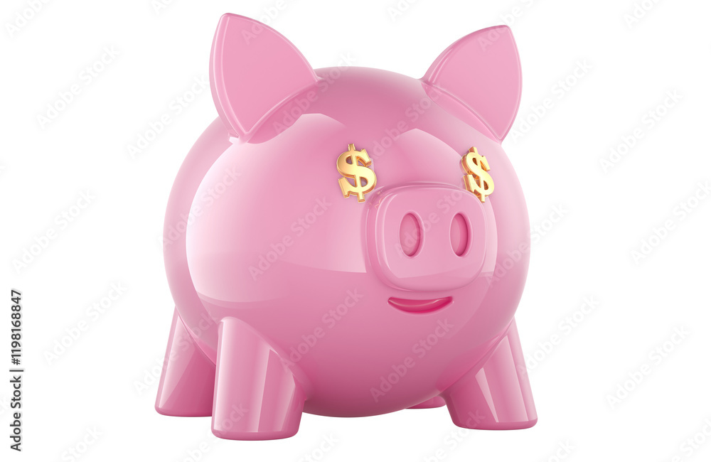 Poster piggy bank with dollar symbol instead of eyes, 3d rendering isolated on transparent background