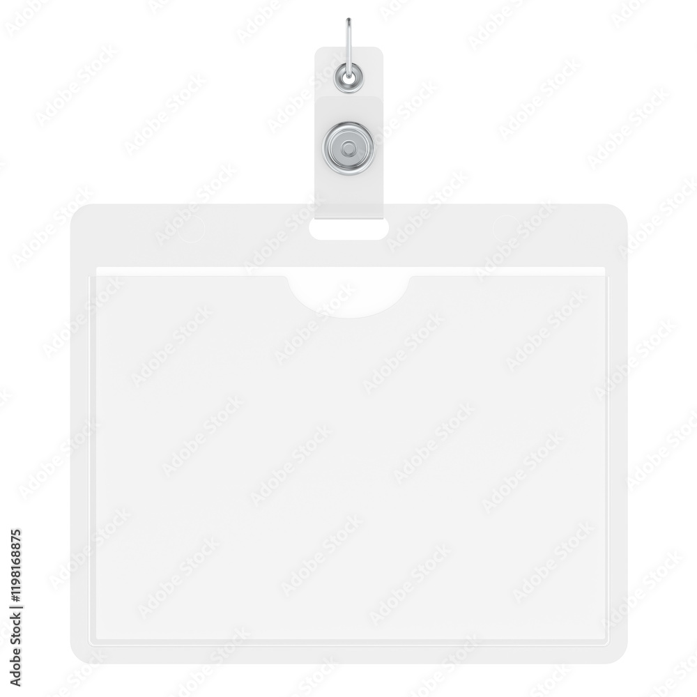 Poster name tag. plastic badge, front view, mockup template. 3d rendering isolated on transparent backgroun
