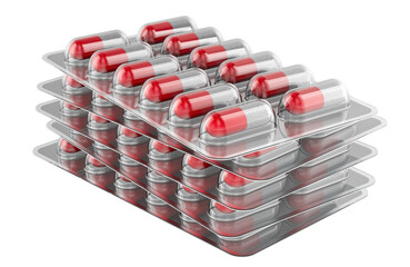 Pharmaceutical blister packs with capsules, stack. 3D rendering isolated on transparent background