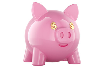 Piggy bank with dollar symbol instead of eyes, 3D rendering isolated on transparent background