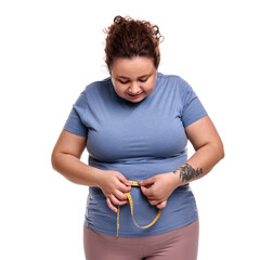 Weight loss. Plus size woman measuring waist with tape on white background