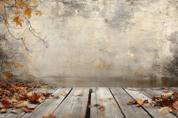 Autumnal scene: Fallen leaves on weathered wood planks by a tranquil water's edge against a rustic wall.