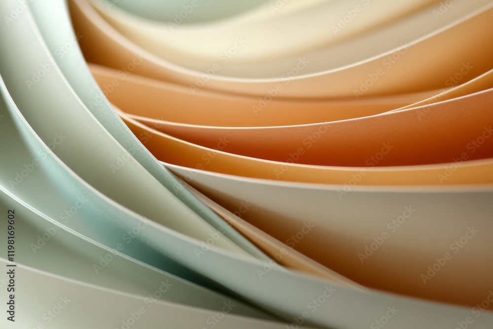 Poster curved sheets of colored paper create a flowing abstract design in soft tones of peach and mint