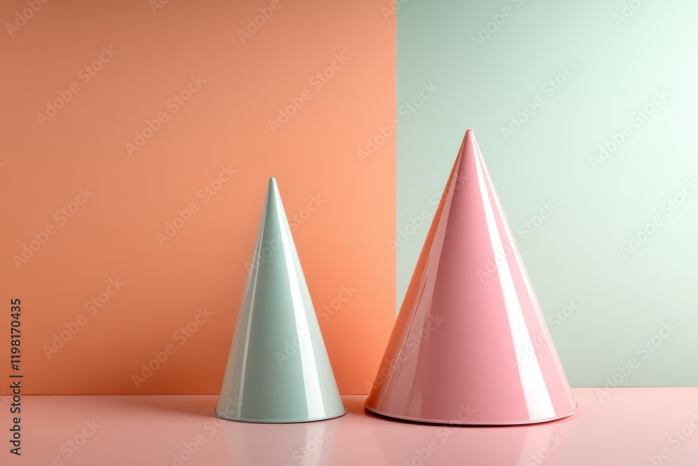 Aufkleber colorful cone-shaped objects in a minimalistic setting with pastel backgrounds and soft lighting