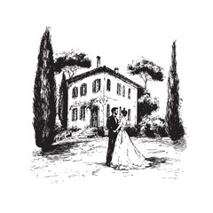 Hand drawn Italian style vintage wedding couple