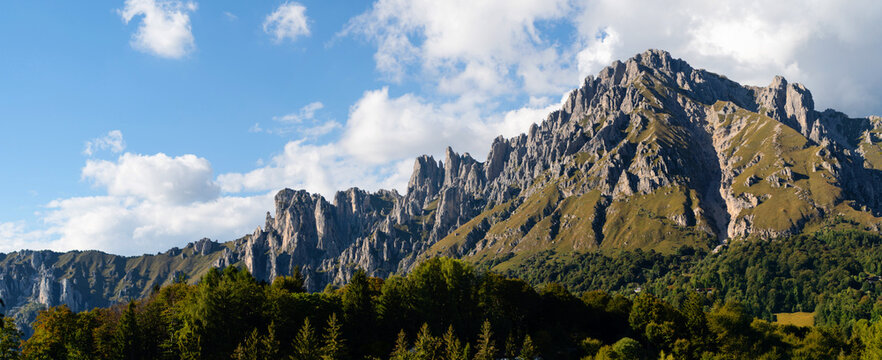 Panoramic view of Grignetta mountain near Belvedere del Parco Valentino at Piani Resinelli, Valsassina, Italy, aerial view of province of Lecco