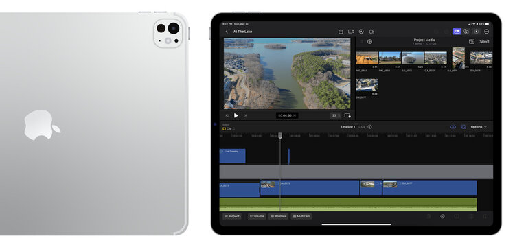 iPad with Final Cut Pro &ndash; iPad Pro 2024 M4 with a metallic back panel and the Final Cut Pro interface open, showcasing the device&rsquo;s video editing functionality.
