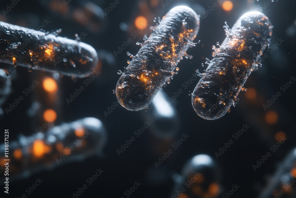 Leinwandbilder Vibrant 3D render of microscopic bacteria with intricate details illuminated against a dark background. Generative AI