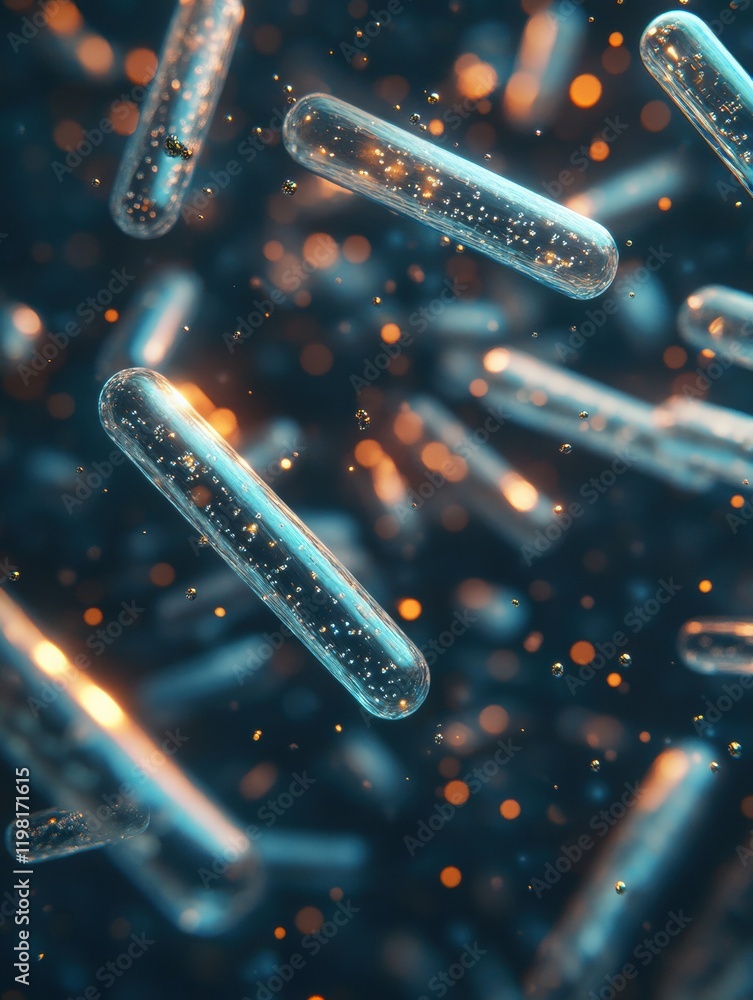 Poster 3d render showcasing diverse microbial structures in a vibrant, illuminated environment. generative 