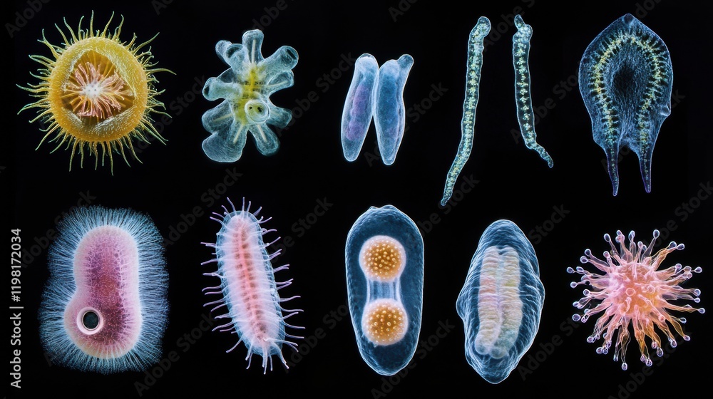 Poster evolving bacteria showcase diverse forms and structures across a spectrum of biological development.