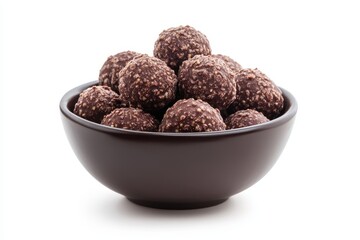 Bowl of chocolate spheres on white backdrop