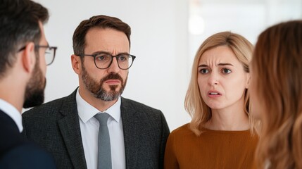 Divorce and law process, A tense conversation among four professionals, highlighting expressions of concern and engagement in a business setting.