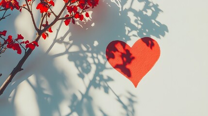 Red Heart Shadow Against White Background with Bougainvillea Branch