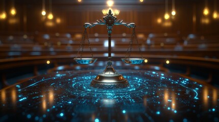 Justice Illuminated Scales of Justice in a Digital Age, Glowing in Courtroom Ambiance