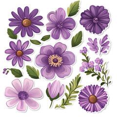 Obraz premium Set of Purple Flowers Sticker Vector Art on White Background