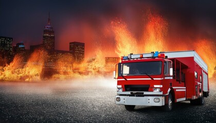 fire truck on a background of a blazing city; the concept is emergency, danger