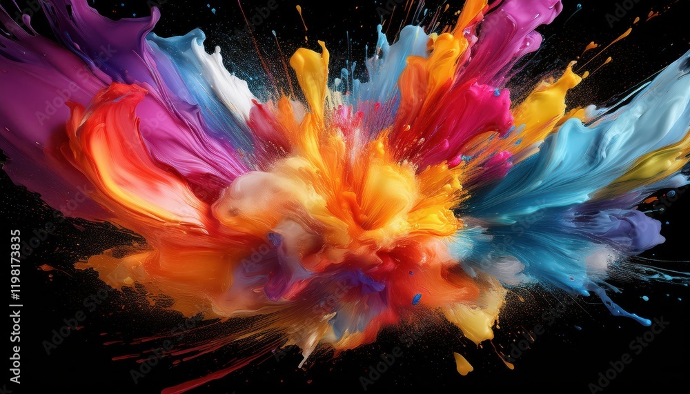 Poster striking multihued explosion of splashed paint, creating a vibrant and dramatic artistic expression,