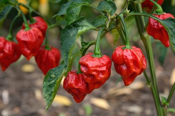 Bright red chili peppers hanging from sunlit plants ripe Ghost Pepper on display