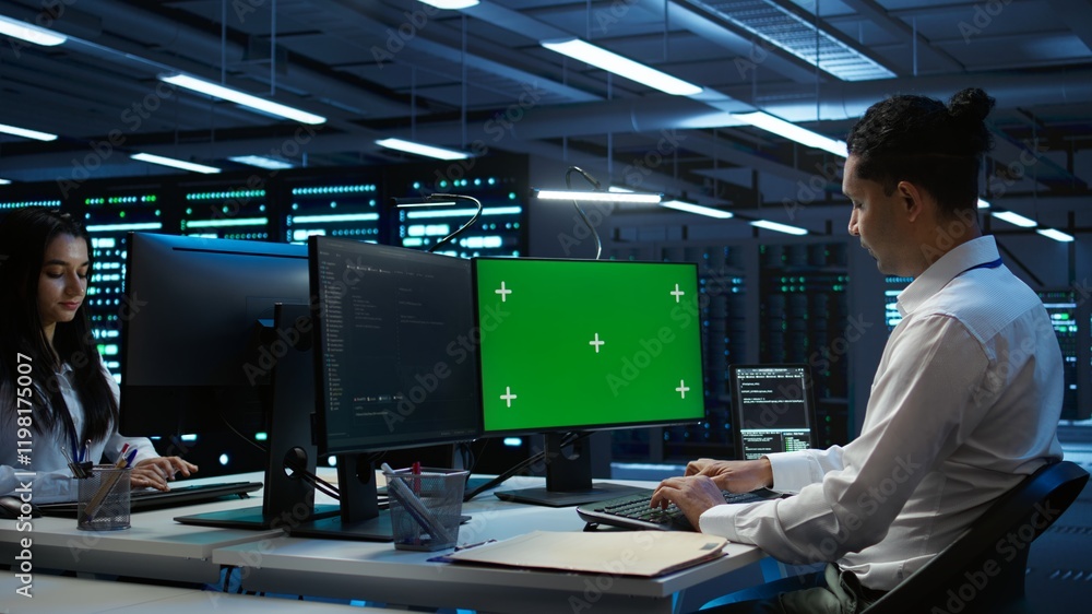 Poster system administrator overseeing data center using green screen computer, ensuring system can handle 