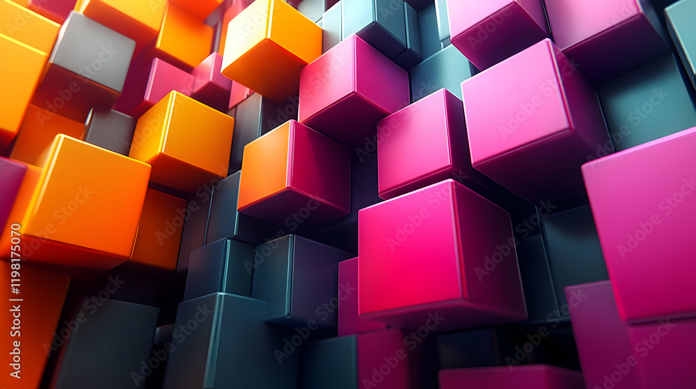 Poster vibrant abstract composition of colorful cubes, geometric shapes and dynamic 3d render