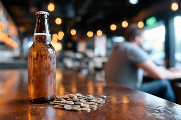 A cold beer bottle sits on a wooden table, surrounded by coins, conveying a relaxed bar ambiance, ideal for social gatherings and moments of enjoyment.