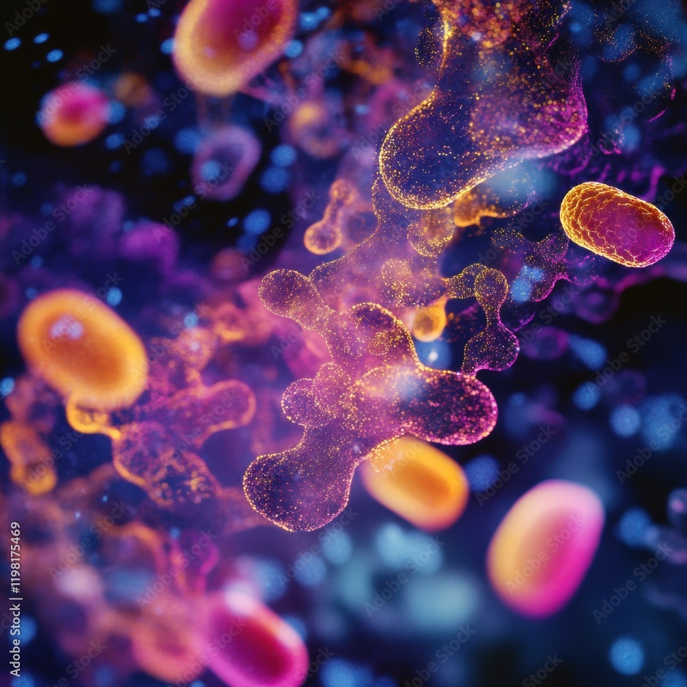 Aufkleber exploration of antibiotics interacting with bacteria through an abstract microscope view showcasing 
