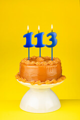 Number 113 candle - Happy Birthday cake on a yellow background.