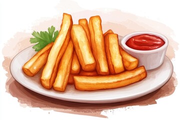 Golden french fries served on a plate with ketchup. Perfect for menus, food blogs, or any project needing appetizing visuals.