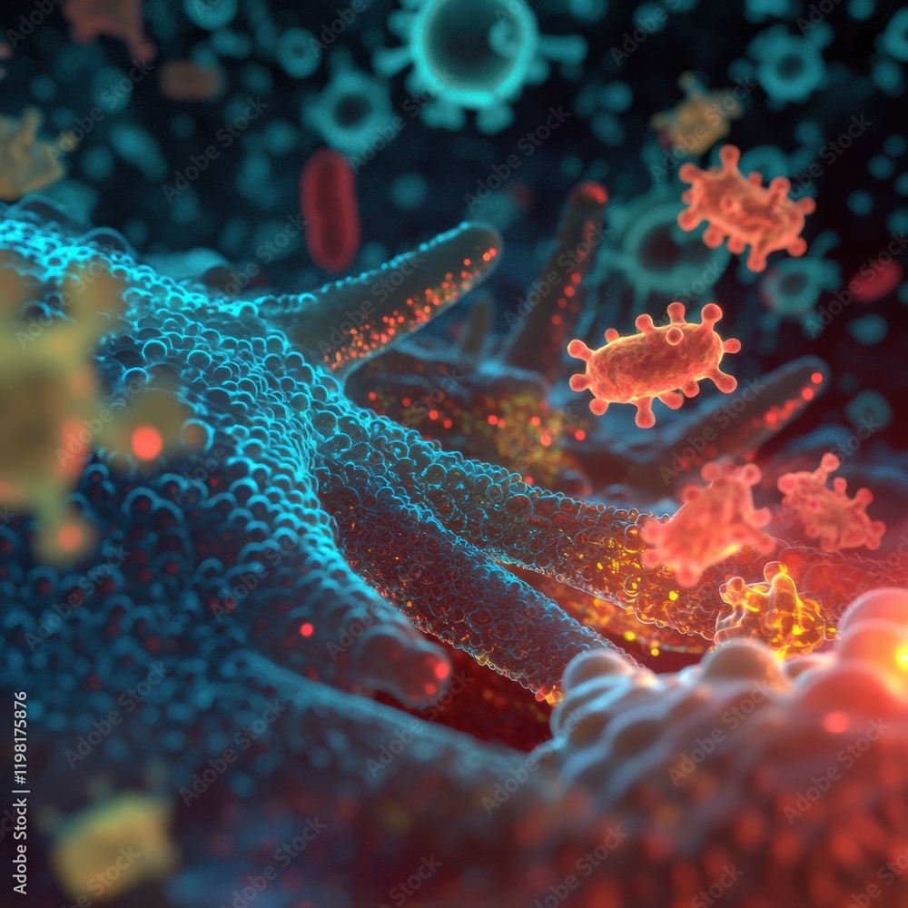 Fototapete exploring molecular interactions among microbes in a detailed close up view. generative ai